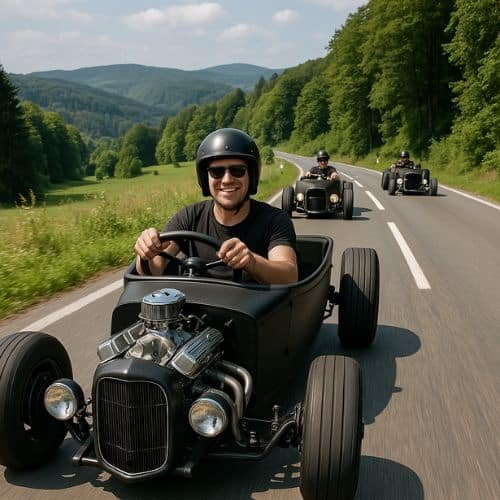 Fahrer in einem Hot Rod auf einer malerischen Straße im Taunus, umgeben von Hügeln und grünen Landschaften.
