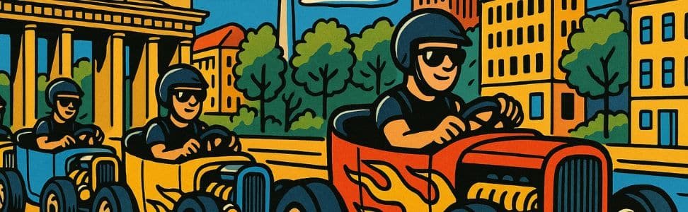 HotRod-Tour durch Berlin – kleine offene Fahrzeuge fahren in Kolonne durch die Stadt und bieten ein besonderes Fahrerlebnis.